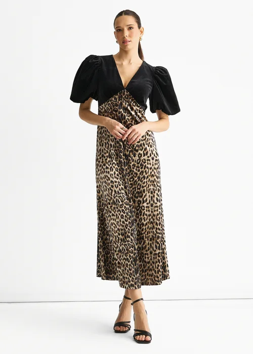 Gini London Black Animal Velvet Contrast Top Ocassion Midi Dress - 10 Image 1
