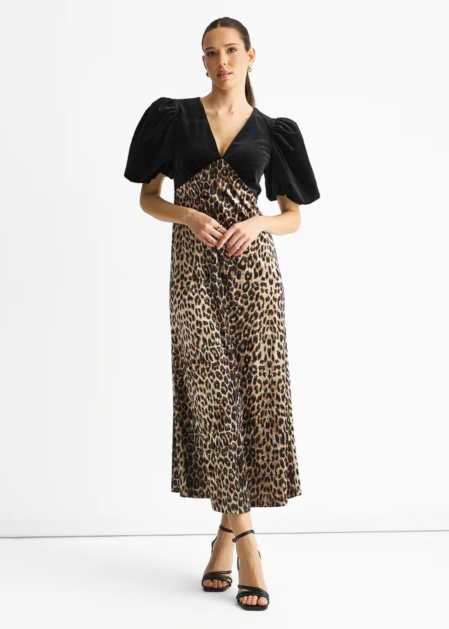 Gini London Black Animal Velvet Contrast Top Ocassion Midi Dress