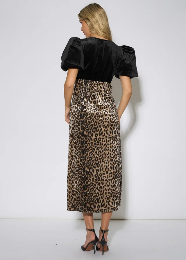Gini London Black Animal Velvet Contrast Top Ocassion Midi Dress