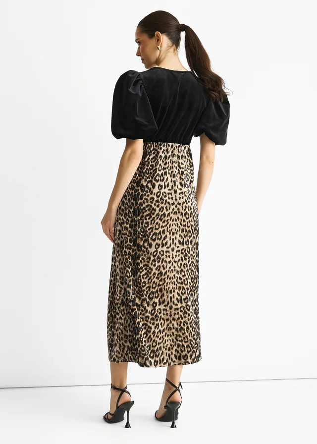 Gini London Black Animal Velvet Contrast Top Ocassion Midi Dress
