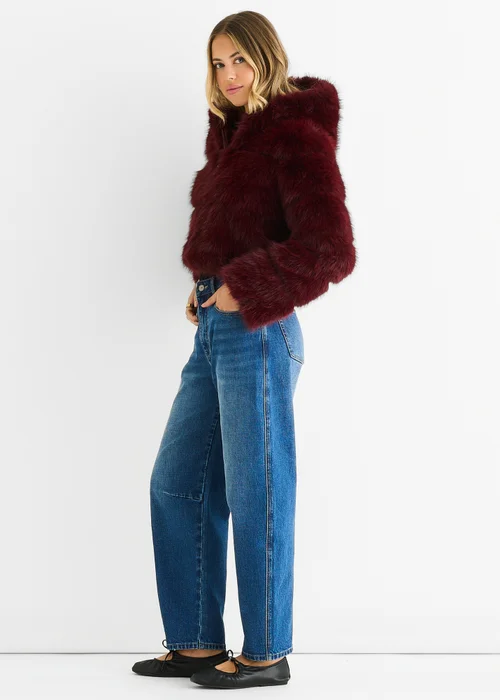 Gini London Burgundy Panel Faux Fur Zip Front Jacket - M/L Image 4