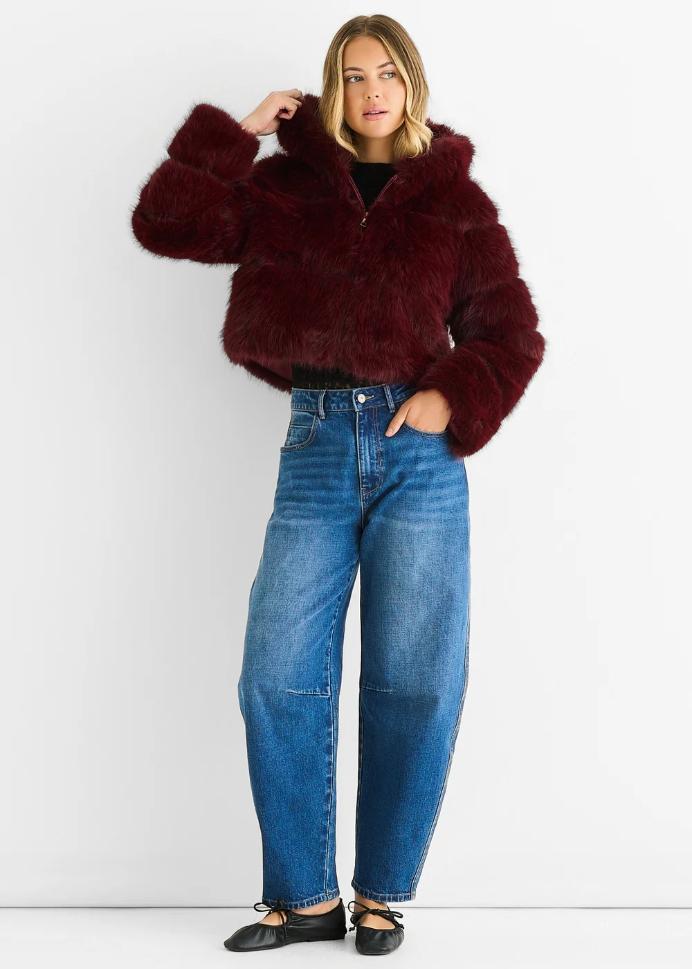 Gini London Burgundy Panel Faux Fur Zip Front Jacket - M/L Image 1