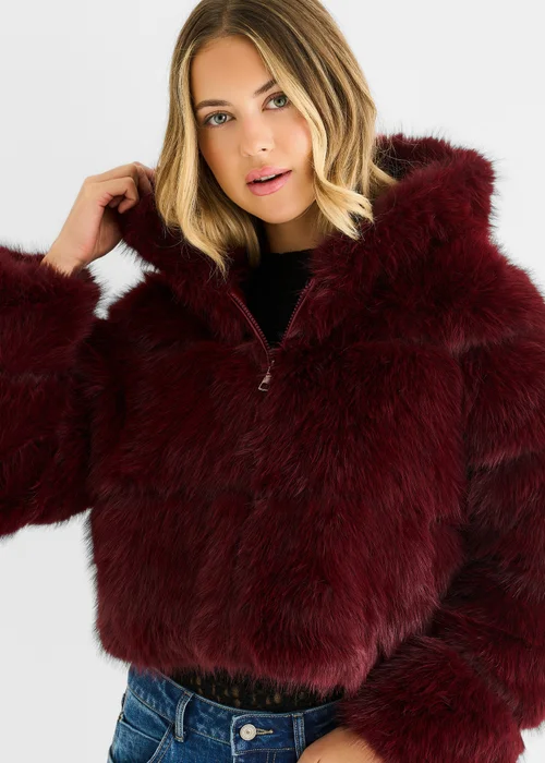 Gini London Burgundy Panel Faux Fur Zip Front Jacket - M/L Image 3