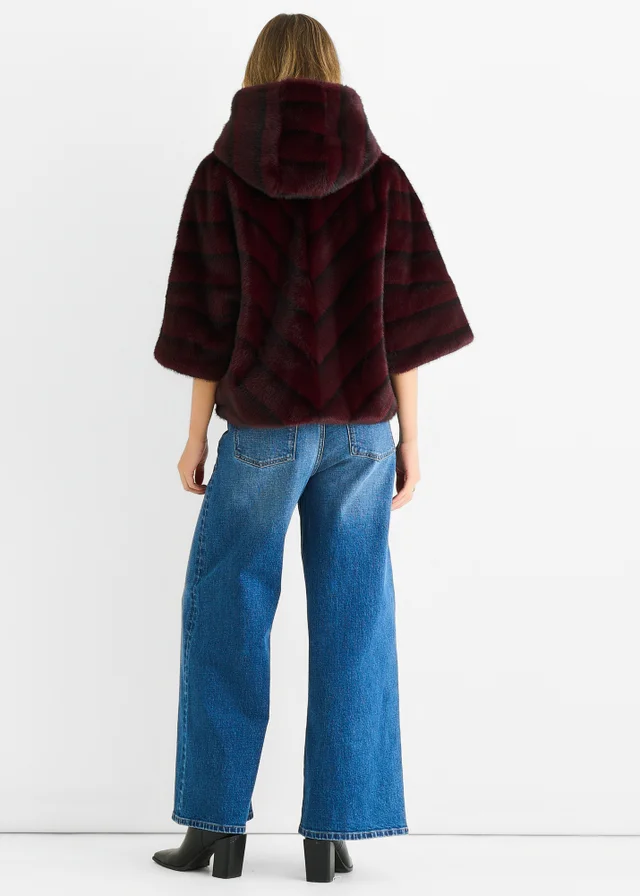 Gini London Burgundy Hooded Chevron Faux Fur Cape Jacket
