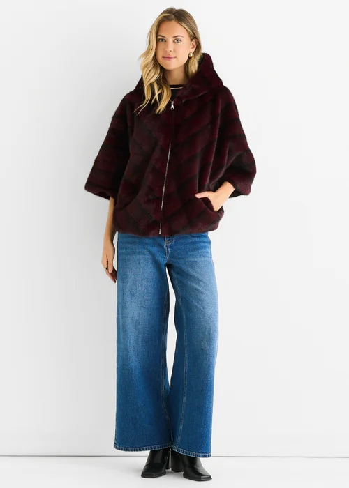 Gini London Burgundy Hooded Chevron Faux Fur Cape Jacket - S/M Image 1