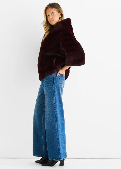 Gini London Burgundy Hooded Chevron Faux Fur Cape Jacket - S/M Image 4