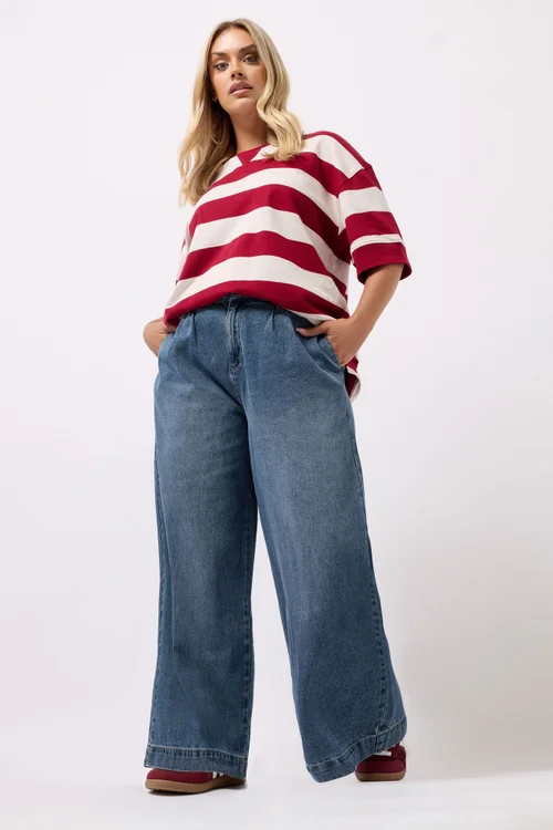 Yours Mid Blue Pleated Wide Leg Jeans - 16 Image 1