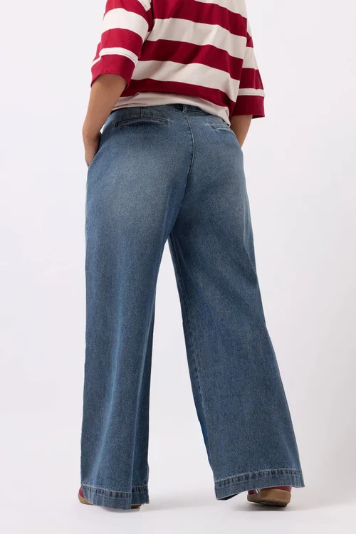 Yours Mid Blue Pleated Wide Leg Jeans - 16 Image 3