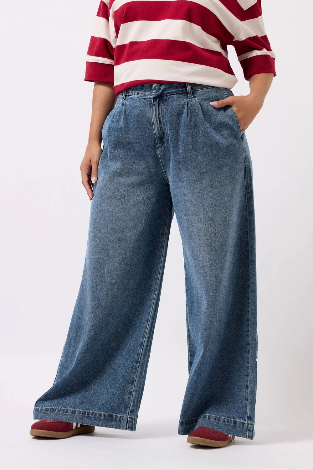 Yours Mid Blue Pleated Wide Leg Jeans - 16 Image 2