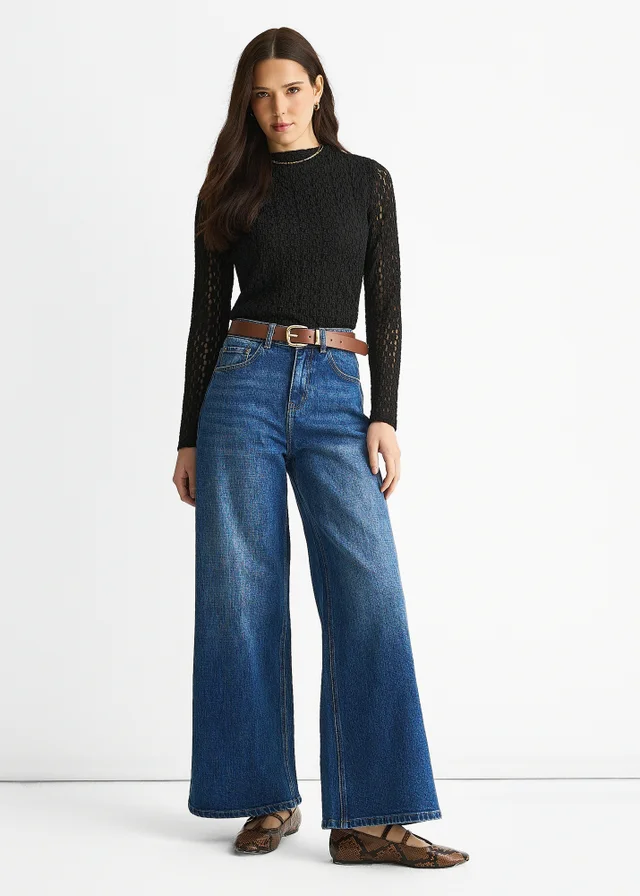Gini London Denim Blue Mid Rise Wide Leg Jeans