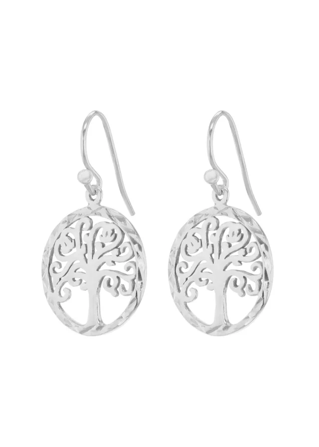 Golden Moments Sterling Silver Diamond Cut 'Tree of Life' Disc Drop Earrings