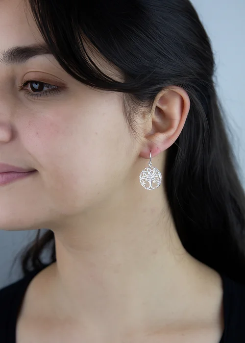 Golden Moments Sterling Silver Diamond Cut 'Tree of Life' Disc Drop Earrings - One Size Image 3