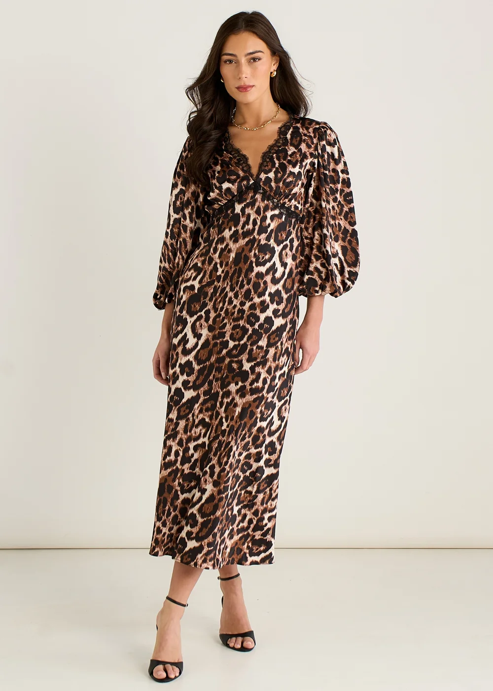 Gini London Brown Animal Lace Trim Satin Bias Midi Dress - 12 Image 1