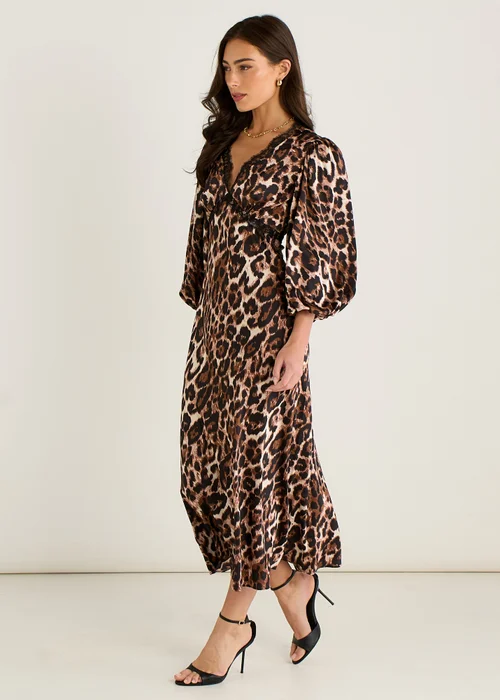 Gini London Brown Animal Lace Trim Satin Bias Midi Dress - 12 Image 4