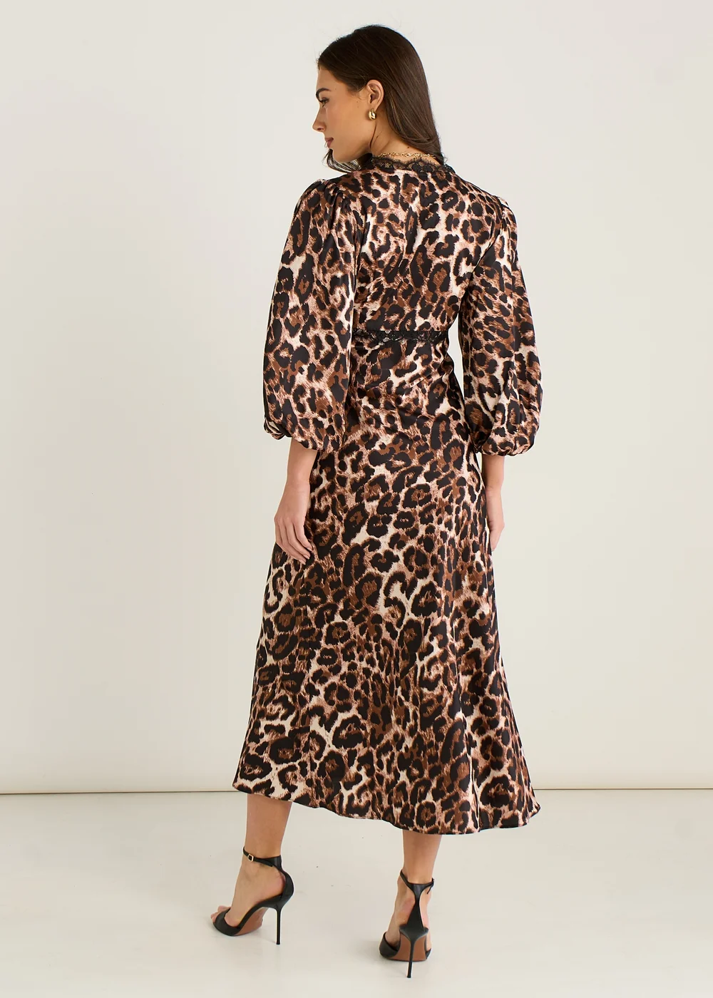 Gini London Brown Animal Lace Trim Satin Bias Midi Dress - 12 Image 2