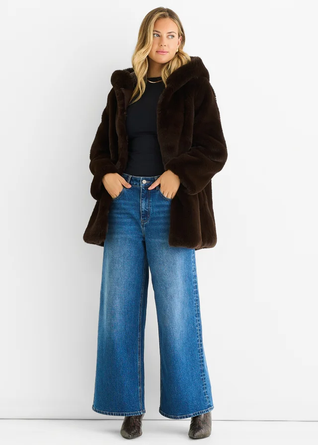 Gini London Chocolate Hooded Long Sleeve Faux Fur Jacket