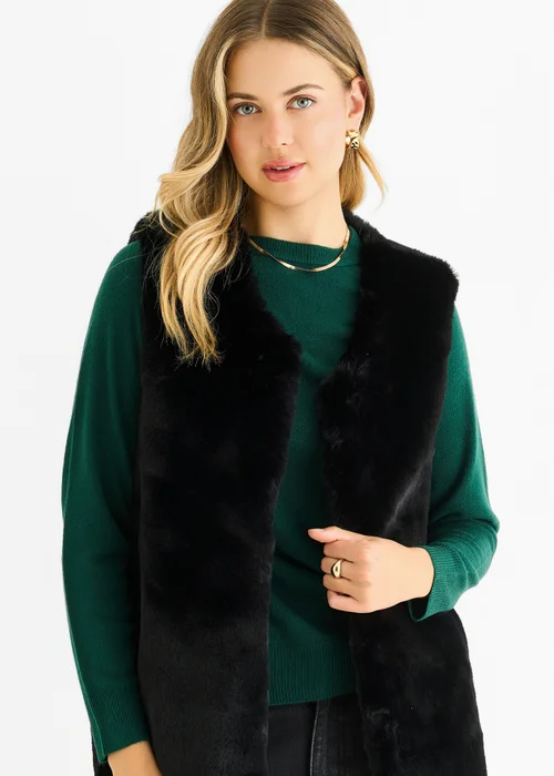 Gini London Black No Cut Faux Gilet Fur Sleeveless Jacket - M/L Image 3