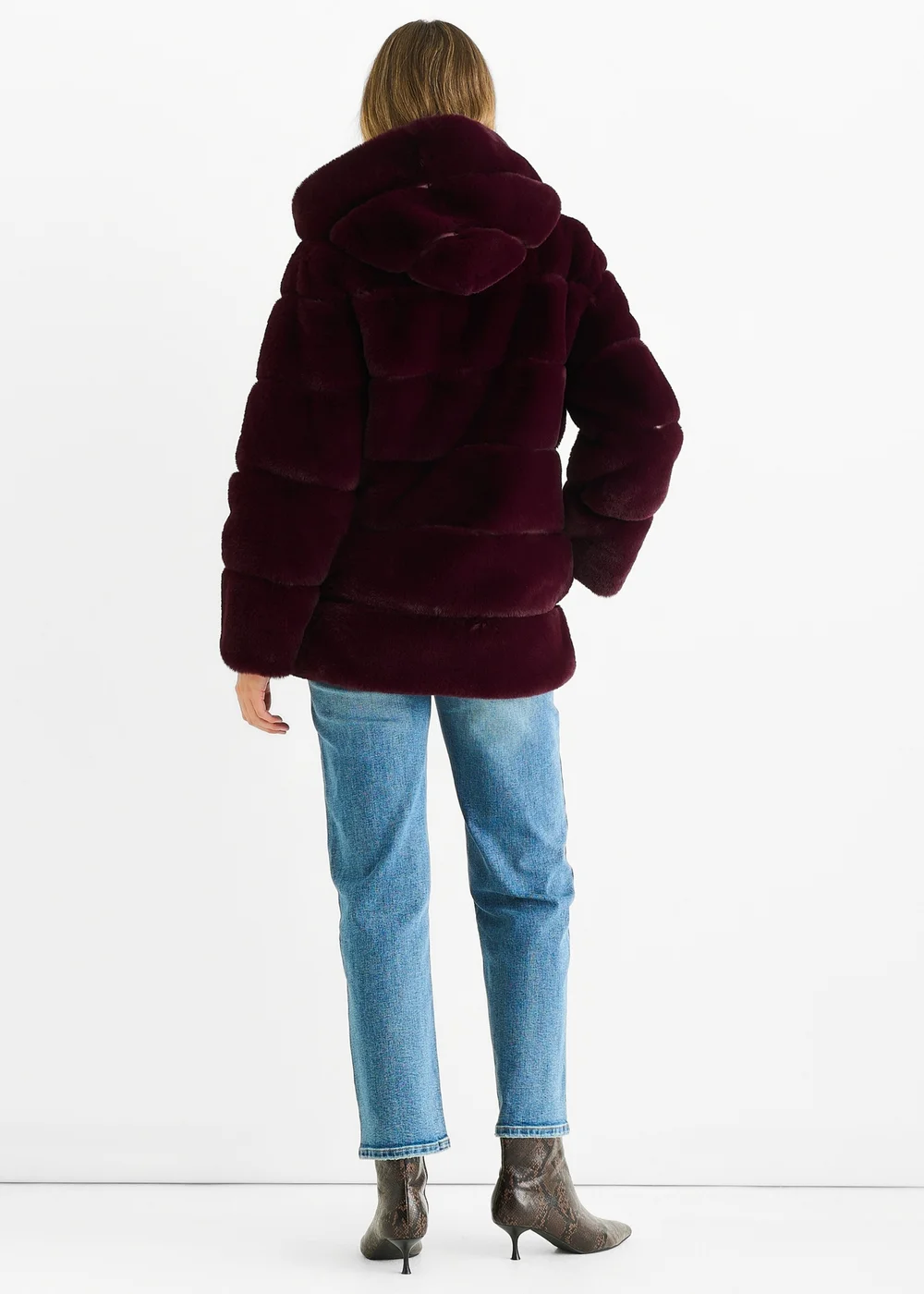 Gini London Dark Burgundy Horizontal Cut Fur Hooded Jacket - S/M Image 2