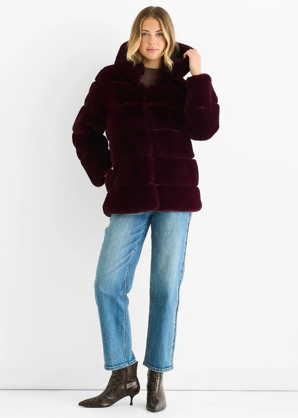 Gini London Dark Burgundy Horizontal Cut Fur Hooded Jacket - S/M Image 1