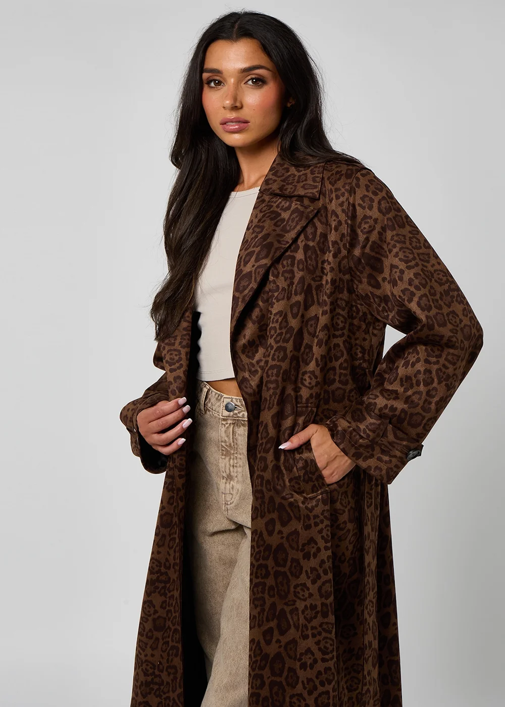 Urban Bliss Brown Leopard Suede Trench Coat - 12 Image 3