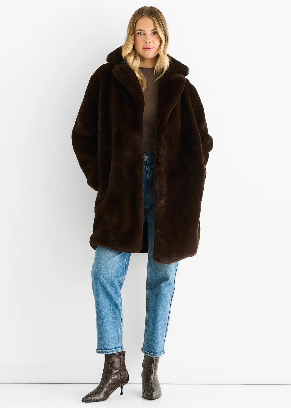 Gini London Chocolate Faux Fur Lapel Collar Longline Coat - M/L Image 1
