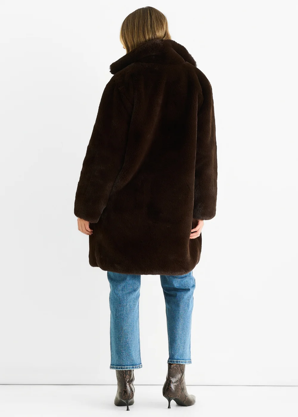 Gini London Chocolate Faux Fur Lapel Collar Longline Coat - M/L Image 2