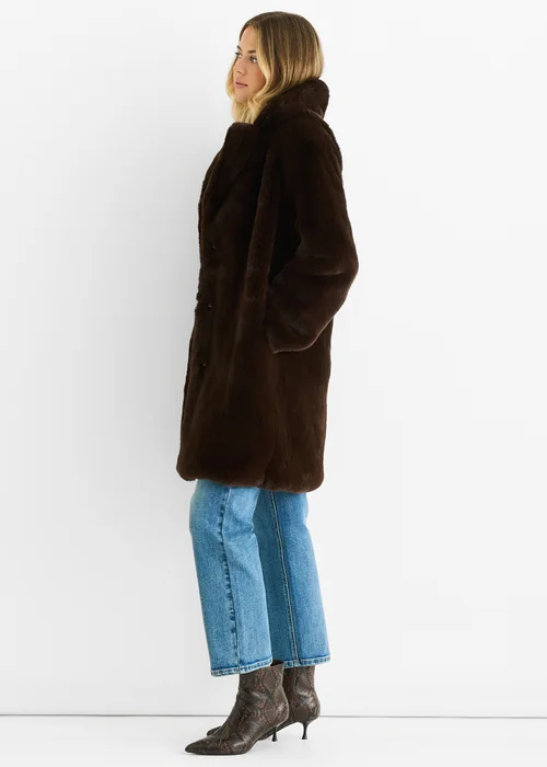 Gini London Chocolate Faux Fur Lapel Collar Longline Coat - M/L Image 3