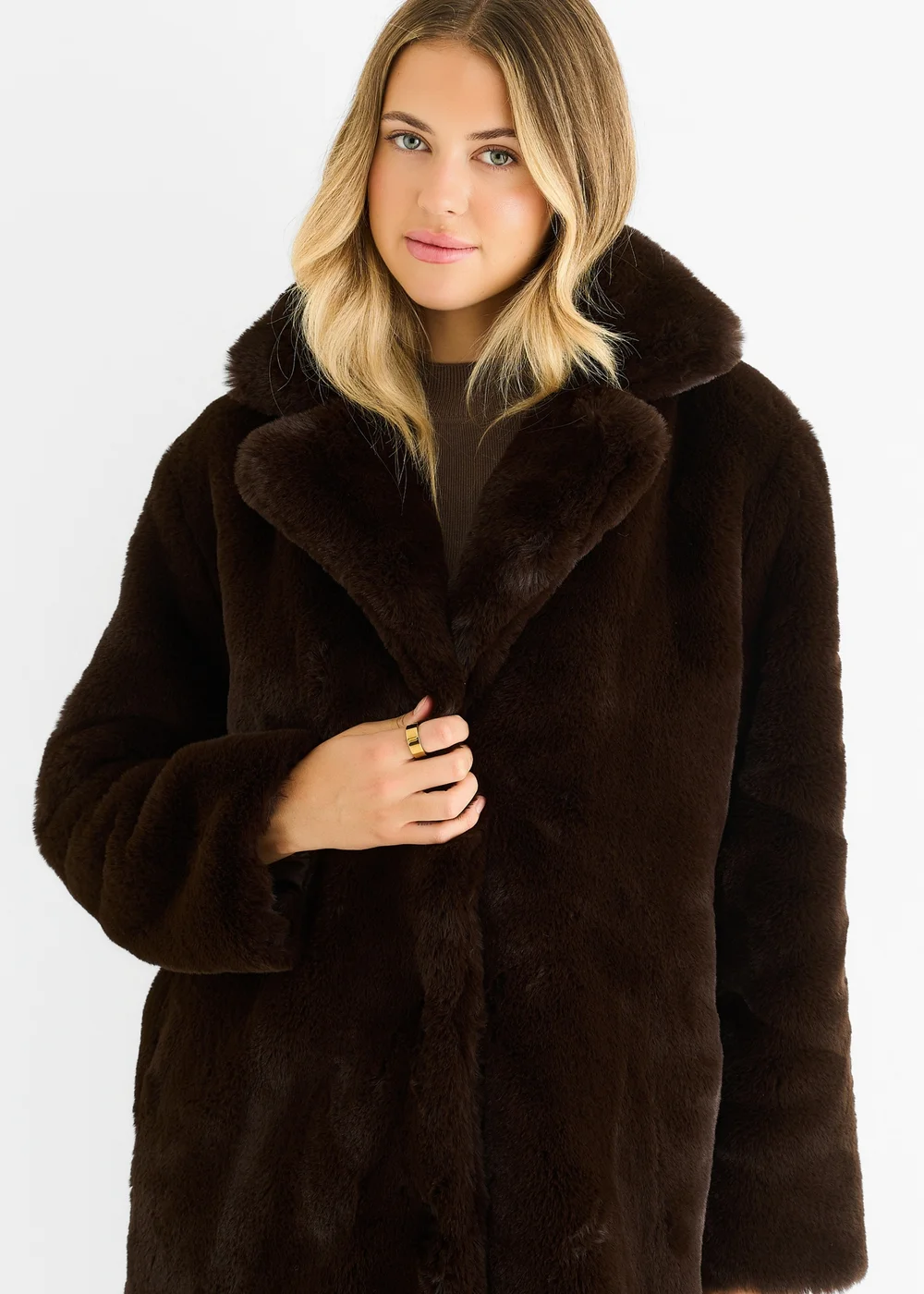 Gini London Chocolate Faux Fur Lapel Collar Longline Coat - M/L Image 4