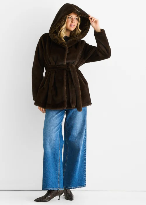 Gini London Chocolate Premium Contrast Lapel Hood Animal Faux Fur Jacket - M/L Image 1