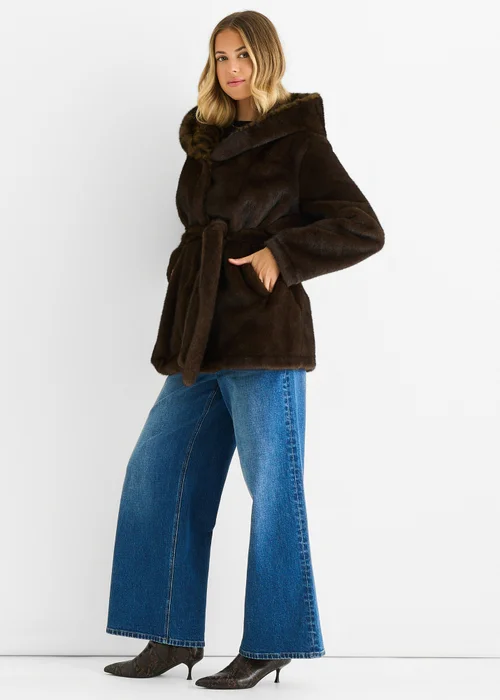 Gini London Chocolate Premium Contrast Lapel Hood Animal Faux Fur Jacket - M/L Image 4