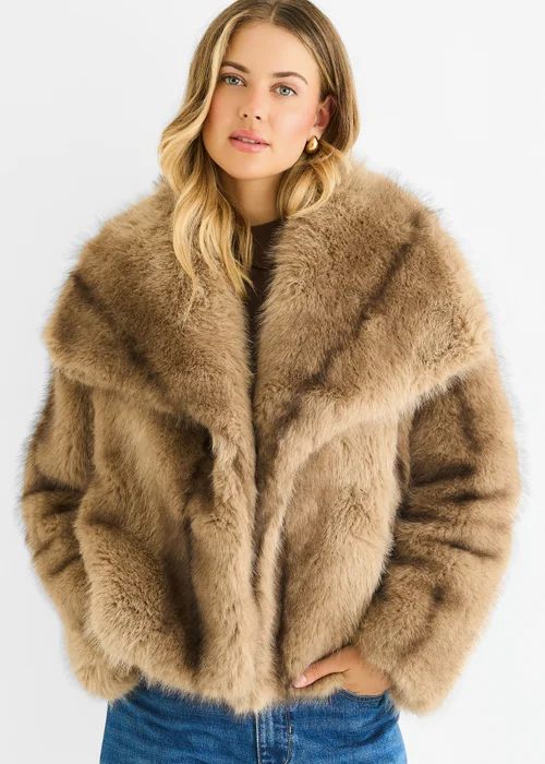 Gini London Camel Ombre Lapel Faux Fur Jacket - L/XL Image 3