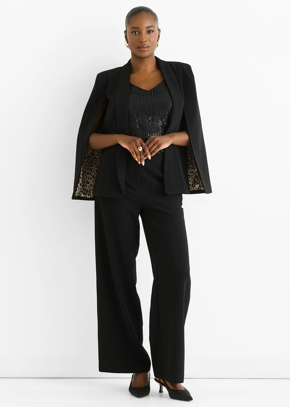 Gini London Black Contrast Animal Lining Tailoring Cape Blazer - 12 Image 1