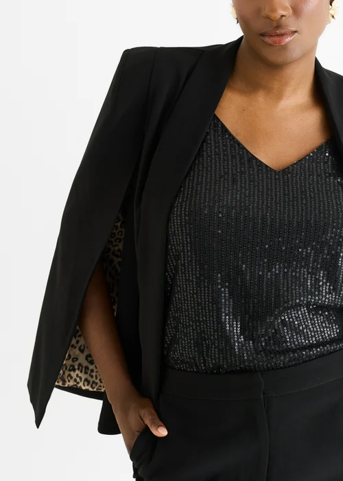 Gini London Black Contrast Animal Lining Tailoring Cape Blazer - 12 Image 3