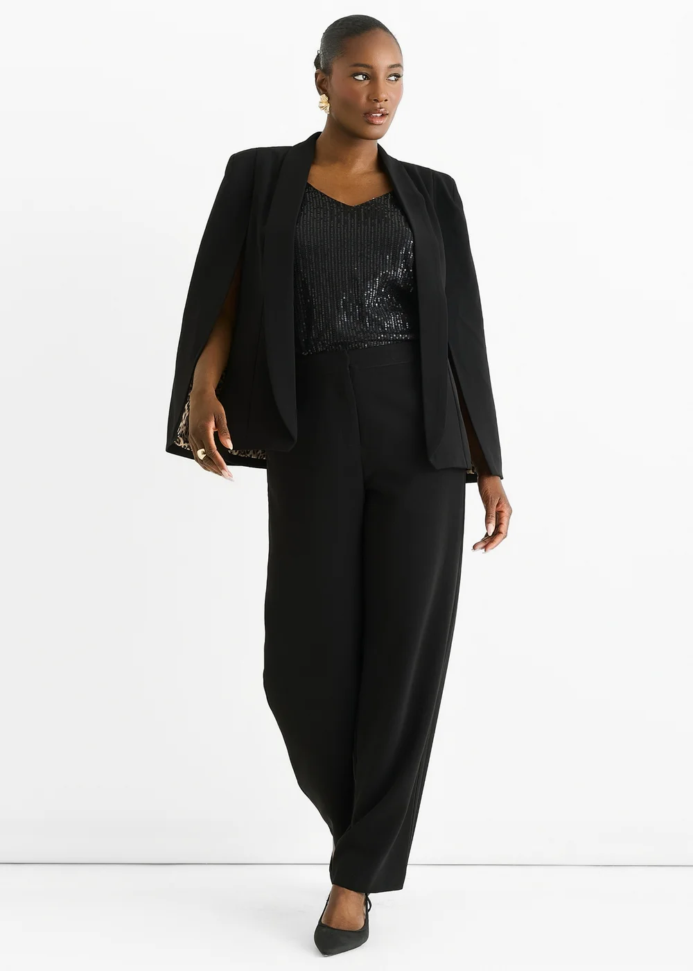 Gini London Black Contrast Animal Lining Tailoring Cape Blazer - 12 Image 4