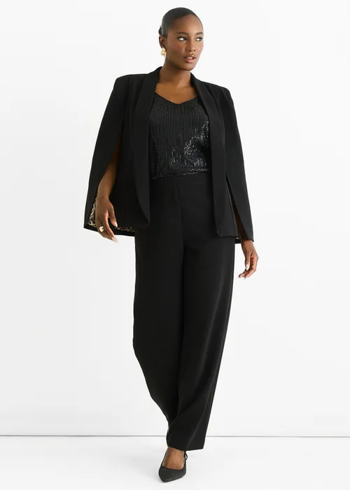 Gini London Black Contrast Animal Lining Tailoring Cape Blazer - 12 Image 4