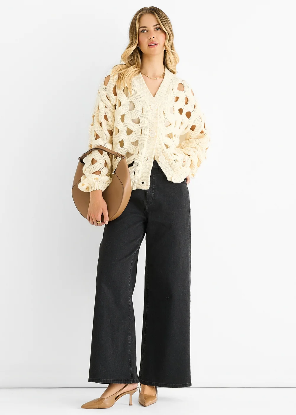 Gini London Cream Hollow Chunky Knit Cardigan - S/M Image 1