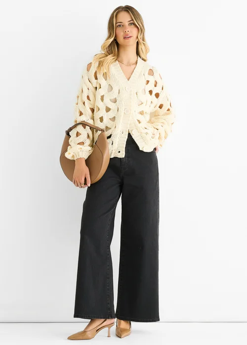 Gini London Cream Hollow Chunky Knit Cardigan - S/M Image 1