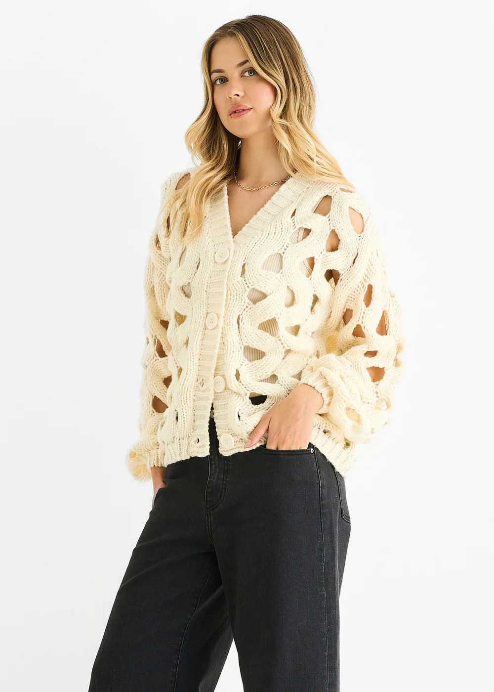 Gini London Cream Hollow Chunky Knit Cardigan - S/M Image 4