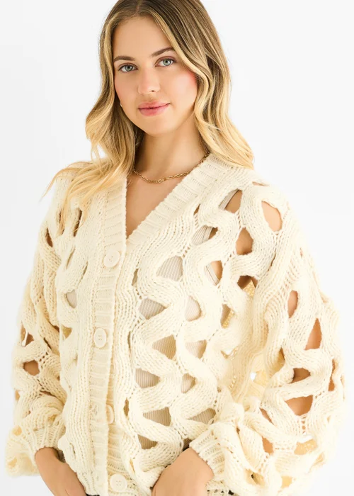 Gini London Cream Hollow Chunky Knit Cardigan - S/M Image 3