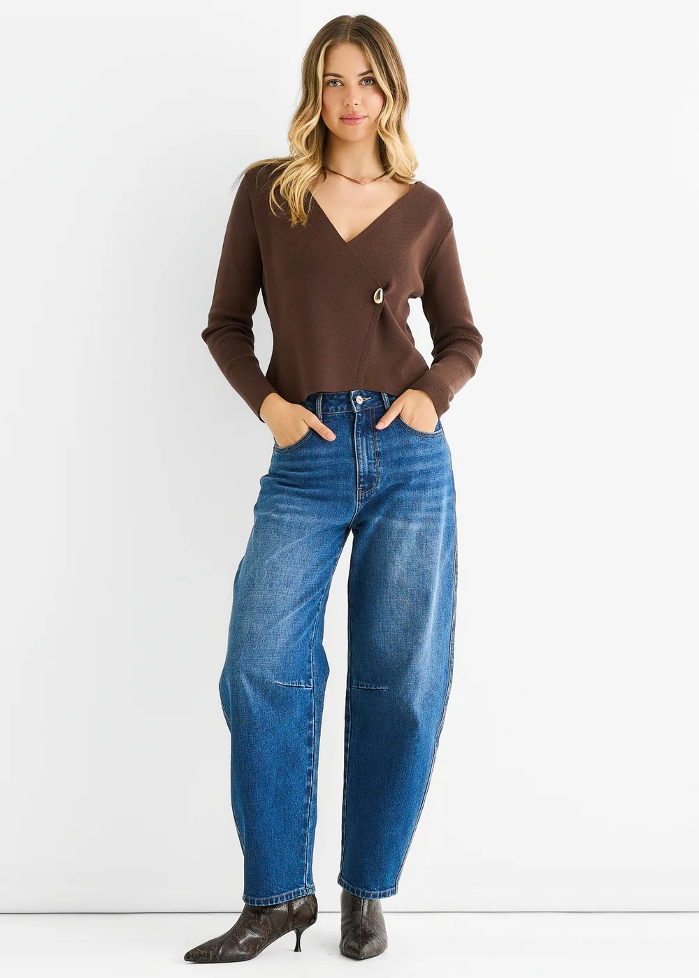 Gini London Chocolate Button Wrap Compact Knit Cardigan - L/XL Image 1