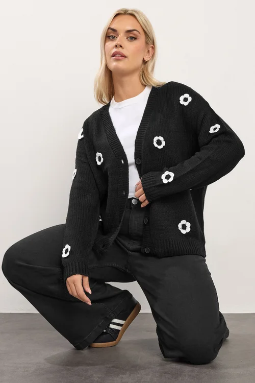 Yours Curve Black Applique Flower Cardigan - 22-24 Image 2