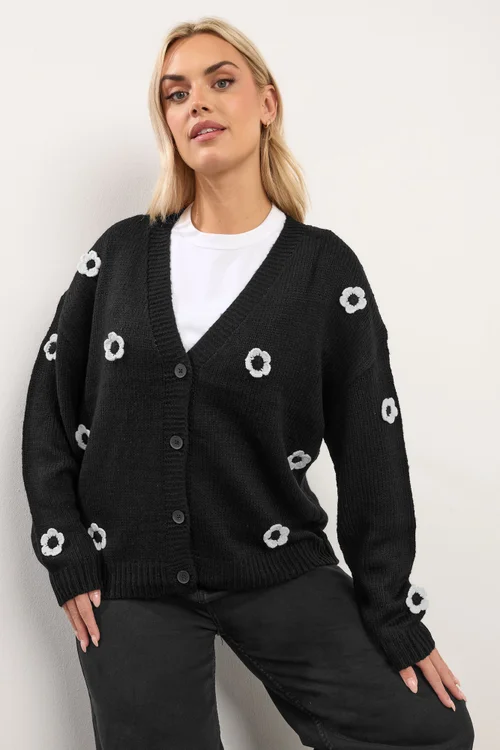 Yours Curve Black Applique Flower Cardigan - 22-24 Image 1