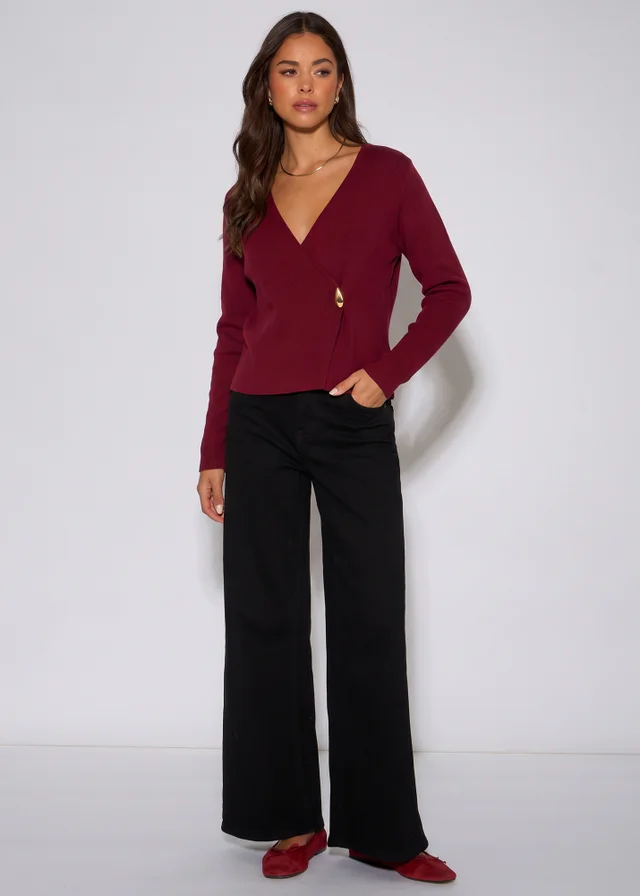 Gini London Burgundy Button Wrap Compact Knit Cardigan