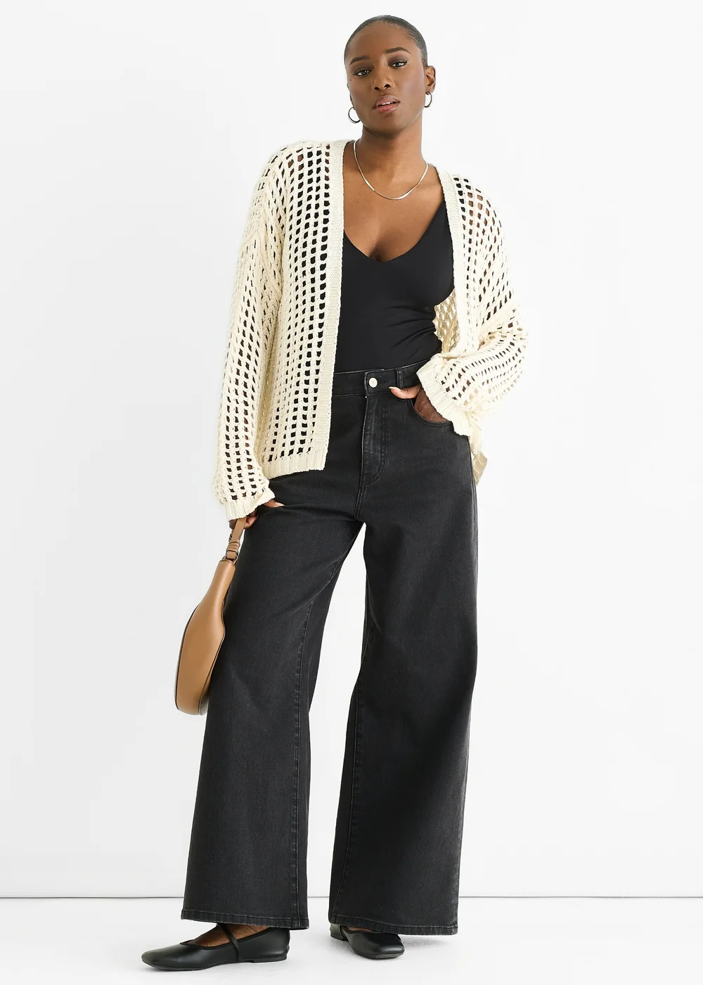 Gini London Cream Open Knit Edge to Edge Cardigan - L/XL Image 1