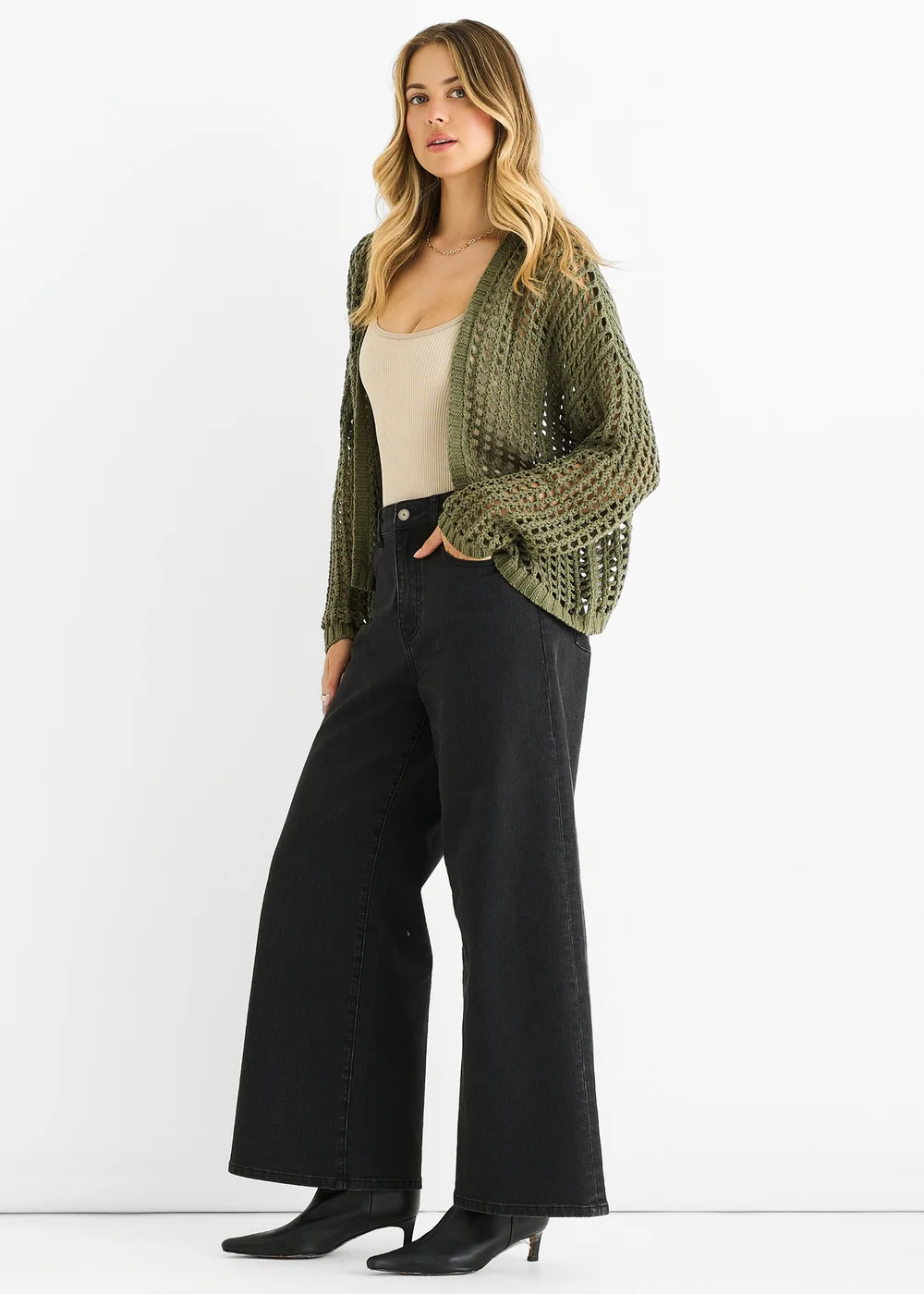 Gini London Khaki Open Knit Edge to Edge Cardigan - S/M Image 4