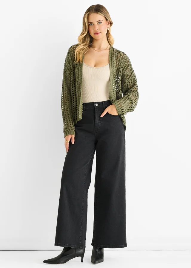 Gini London Khaki Open Knit Edge to Edge Cardigan