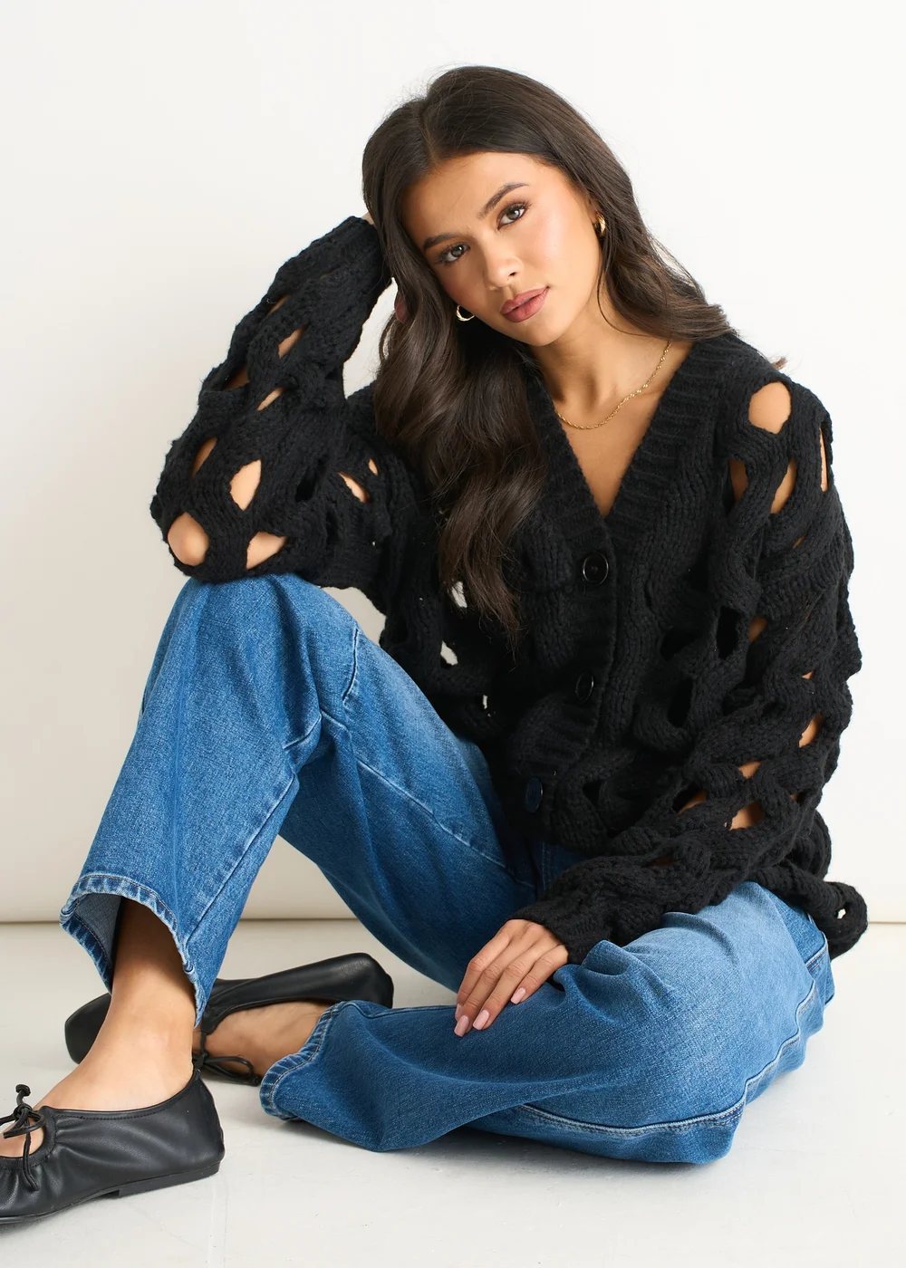 Gini London Black Hollow Chunky Knit Cardigan - S/M Image 4