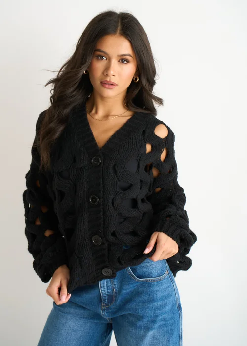 Gini London Black Hollow Chunky Knit Cardigan - S/M Image 3