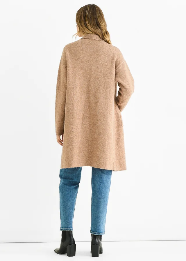 Gini London Brown Wool Mix Longline Edge to Edge Cardigan