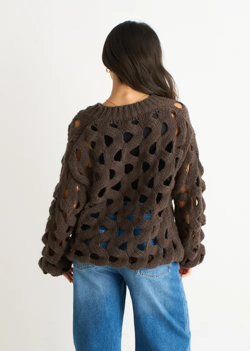 Gini London Chocolate Hollow Chunky Knit Cardigan - S/M Image 2